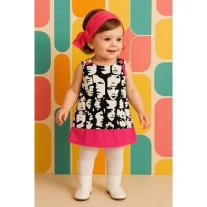 Tiny Modernist Retro Faces Baby Go-Go Dress Pink, Black & White – Size 12 Months